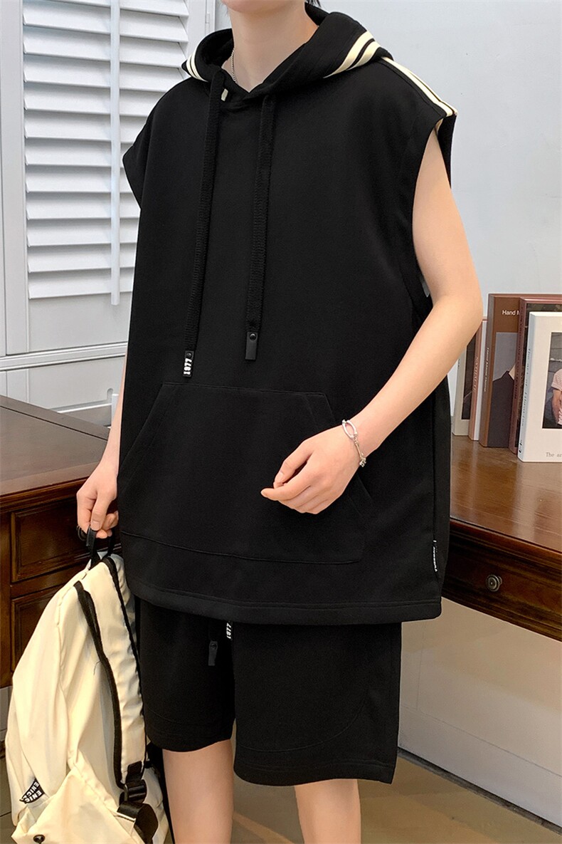 夏上新青少年百搭连帽背心套装简约无袖T恤男女7810-P75控价108,男装背心/马甲,电商A441-1