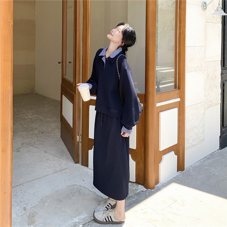 慵懒风穿搭格子拼接卫衣套装女秋季2025新款休闲显瘦半身裙两件套图片