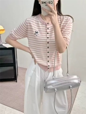 夏季圆领条纹针织短袖开衫女猫咪刺绣宽松半袖T恤上衣百搭打底衫，女装T恤，艾米娇羊绒