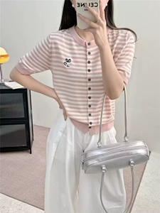夏季圆领条纹针织短袖开衫女猫咪刺绣宽松半袖T恤上衣百搭打底衫图片