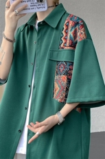 8XL-M民族风拼接短袖衬衫男夏季痞帅半袖衬衣薄款外套DC28009P45，男装衬衫，电商B312
