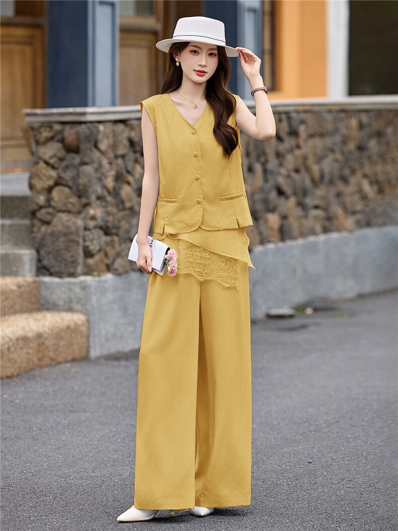 现货轻熟风气质套装女2026夏季麻料薄款西装马甲上衣阔腿裤两件套,女装套装/套裙,艾仟回(原伊仟回)
