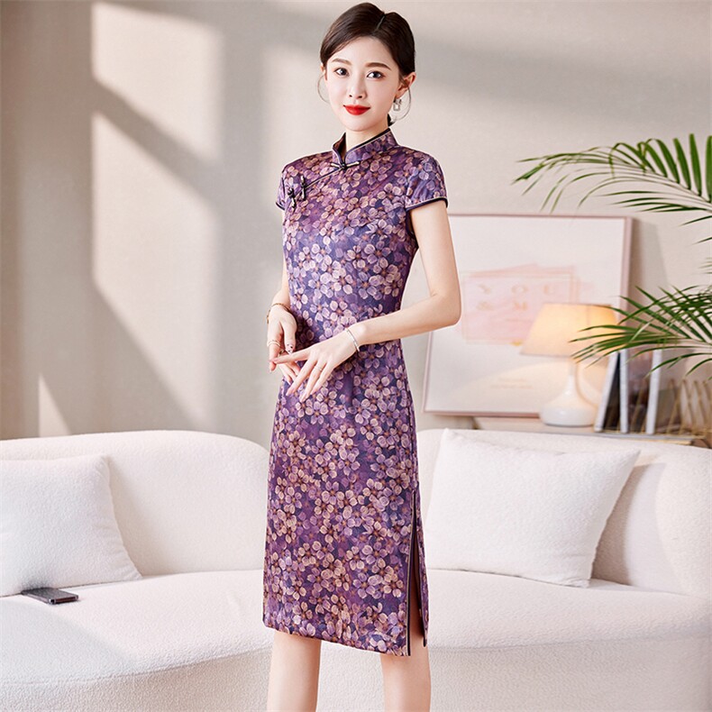 新款气质印花品质旗袍中国低开衩短袖斜襟丝绸民族风日常2025,女装汉服/婚纱/旗袍/礼服,媚琳依坊