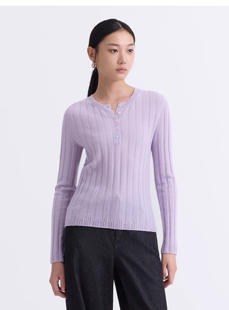 色修身抽条针织衫25年春新品女轻薄内搭，女装针织衫/毛衣，轩妮羊绒