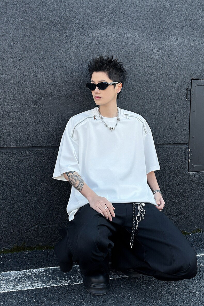 8XL-M拉链短袖T恤男美式高街重磅宽松休闲五分袖半袖DX310特P25,男装T恤,电商D206-1