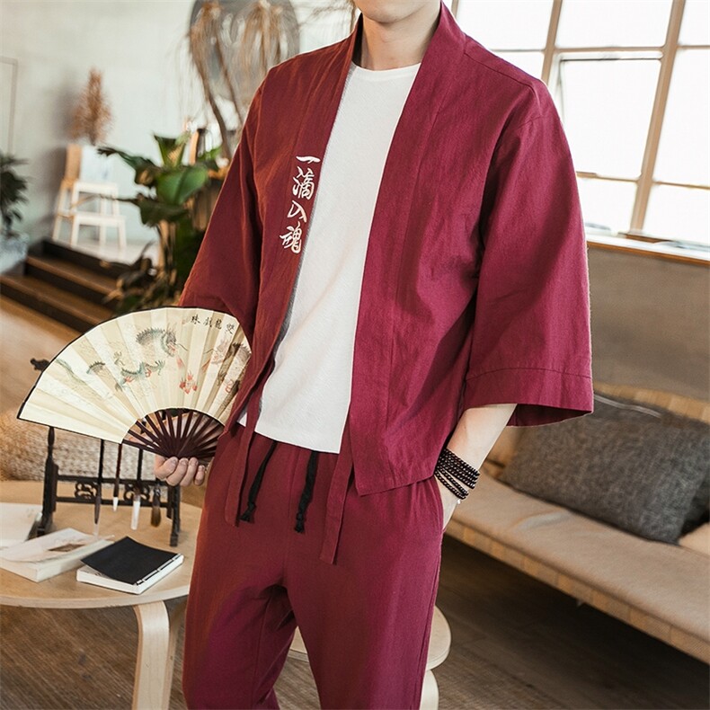 夏季大码风刺绣汉服套装棉麻道袍学生两件套装潮TZ01/P85,男装休闲套装,钱塘713