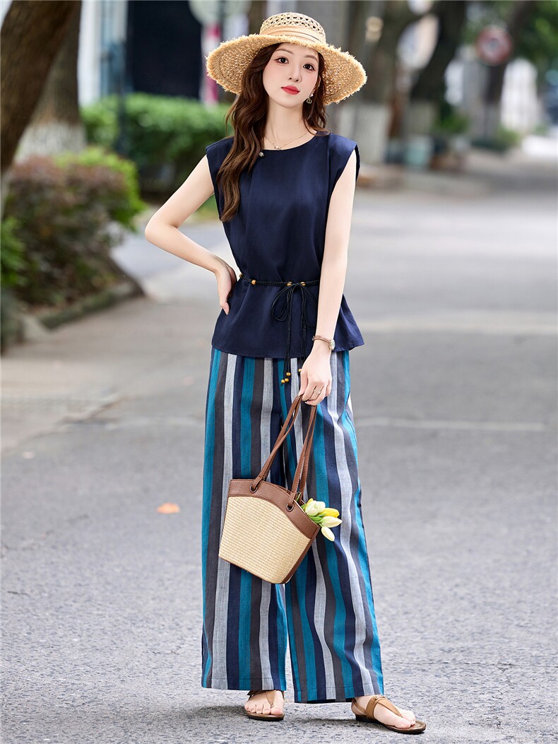 松弛感休闲套装女2025夏季短袖绑带t恤上衣轻薄印花阔腿裤两件套,女装套装/套裙,依如秀(原杭风阁)