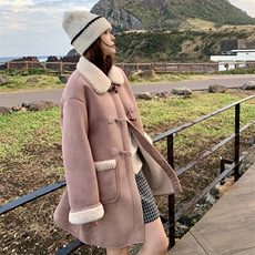 中长款皮毛一体外套女小个子2024冬新款甜美设计感翻领羊羔毛大衣，女装毛呢外套，帛香坊