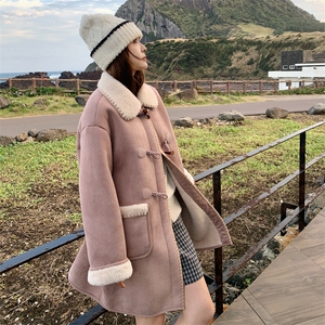 中长款皮毛一体外套女小个子2024冬新款甜美设计感翻领羊羔毛大衣图片
