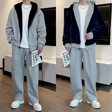 冬季休闲正反两穿毛绒连帽外套加绒弯刀阔腿长裤套装男TZ271-P235，男装休闲套装，电商B267