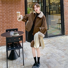 咖色皮毛一体羊羔毛外套韩系甜酷加绒棉服6087P190K278，女装棉衣/棉服，2C166