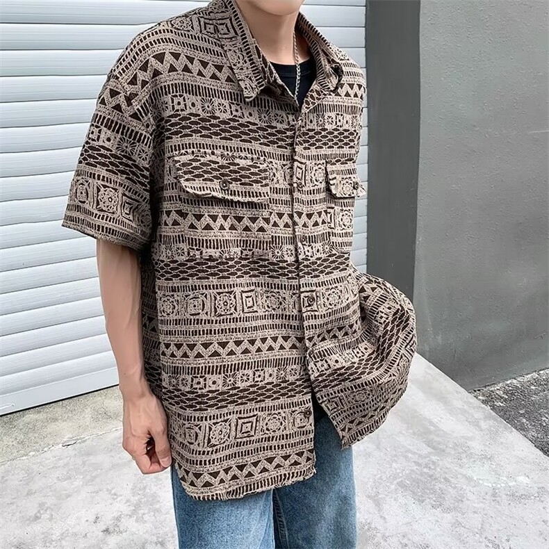 衬衫男复古风短袖夏季网红宽松上衣T恤设计感舒适百搭,男装T恤,星座716-2