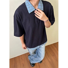 藏青色假两件拼接格纹POLO衫男夏季宽松休闲新款短袖t恤TS091，男装T恤，星座1116A（原606A-3）
