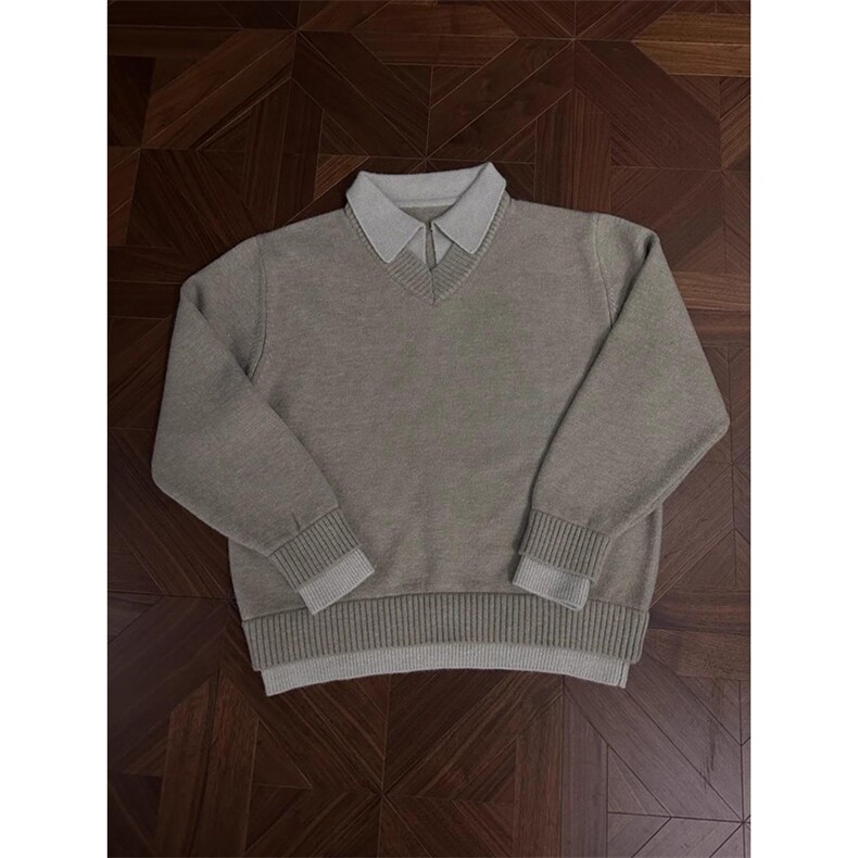 重磅北极绒假两件衬衫领毛衣美式高街复古休闲慵懒纯色翻领针织衫，男装针织衫/毛衣，电商A486-1