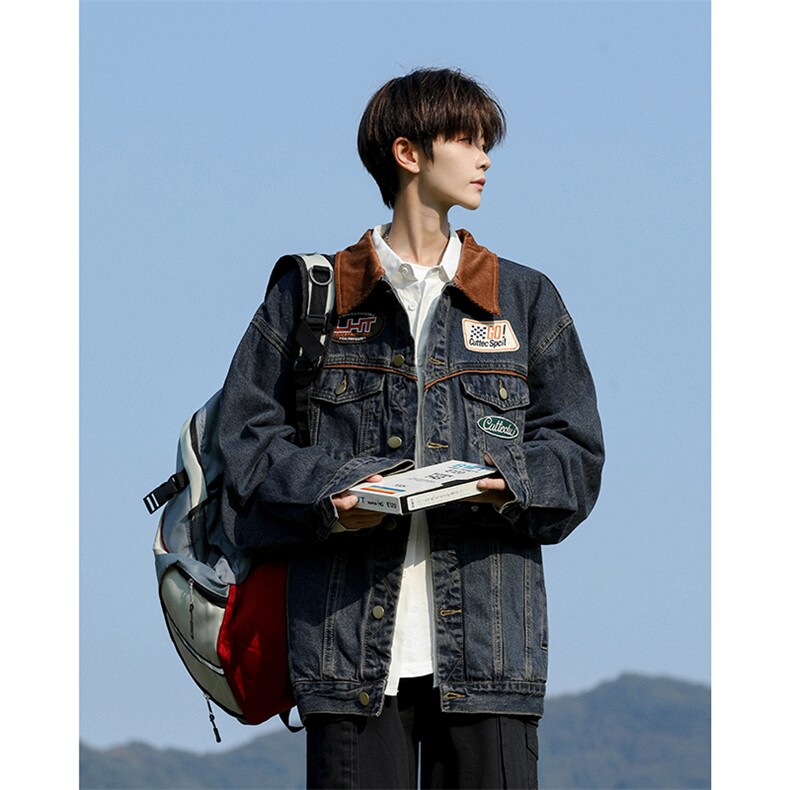 2025秋冬装美式复古贴标牛仔夹克外套翻领宽松上衣A025-Y64-P85，男装夹克，电商A025