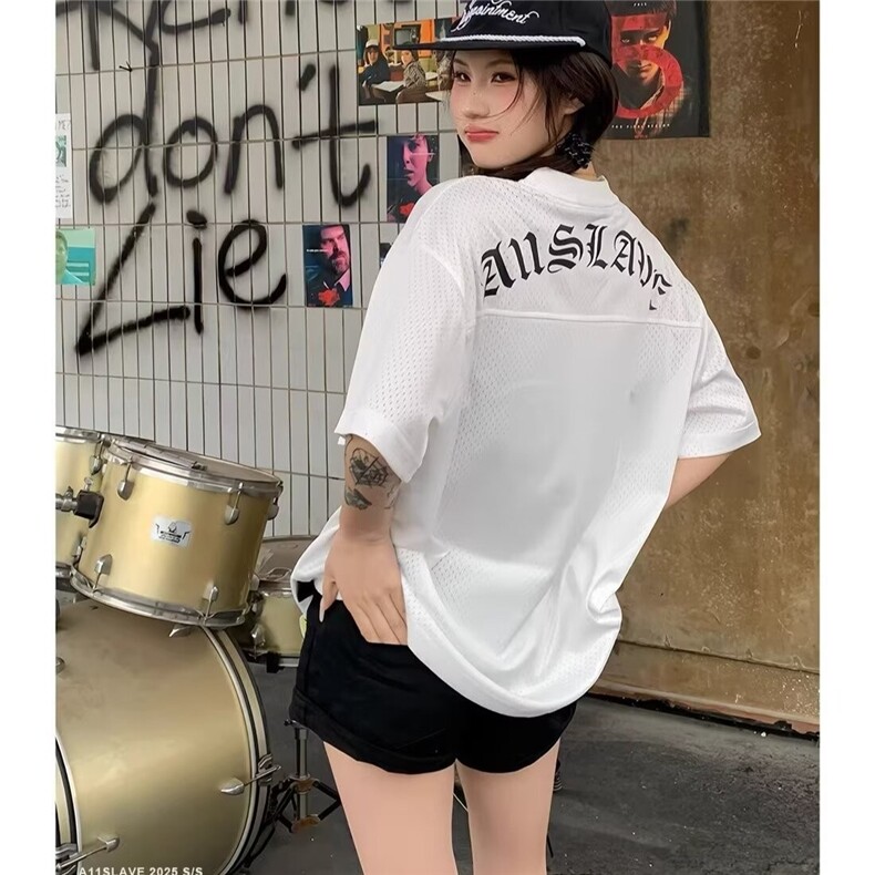 美式运动白色短袖T恤女新款宽松显瘦休闲百搭V领网眼上衣YTX160,男装T恤,星座208-5