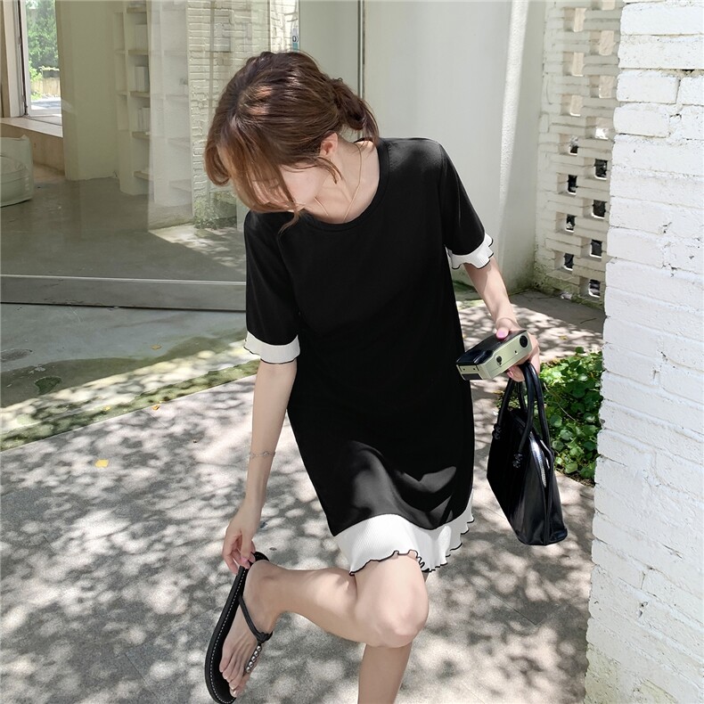 木耳边黑色T恤连衣裙女夏2025新款小个子流行减龄爆款a字短裙超火,女装连衣裙,2C283