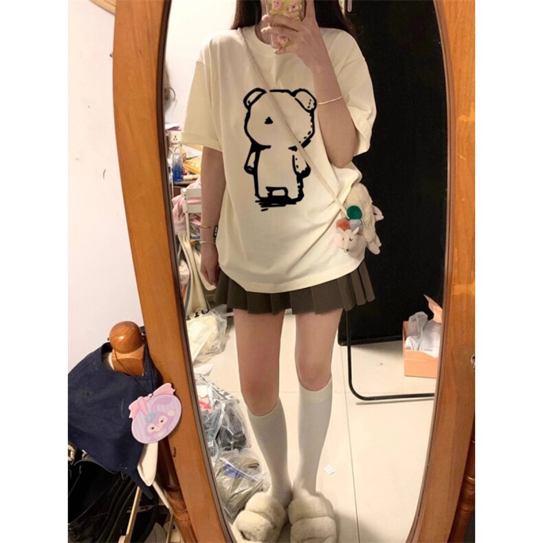 T0682-P25 简约线条小熊纯棉卡通短袖 学院风学生百搭上衣图片