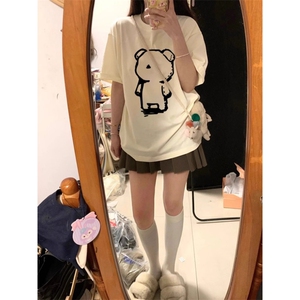 T0682-P25 简约线条小熊纯棉卡通短袖 学院风学生百搭上衣图片