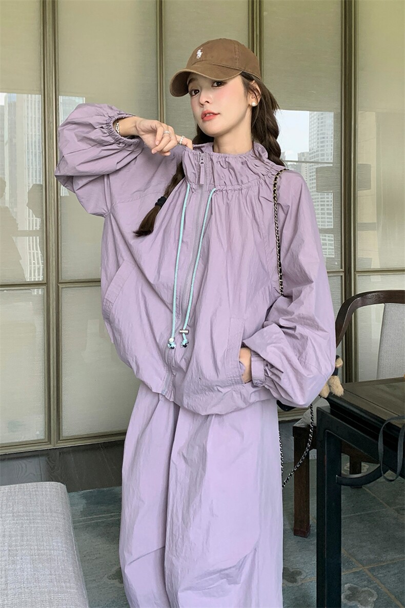 今年流行紫色冲锋衣外套女早秋2025新款百搭休闲风显瘦工装裤套装,女装套装/套裙,纯色衣恋