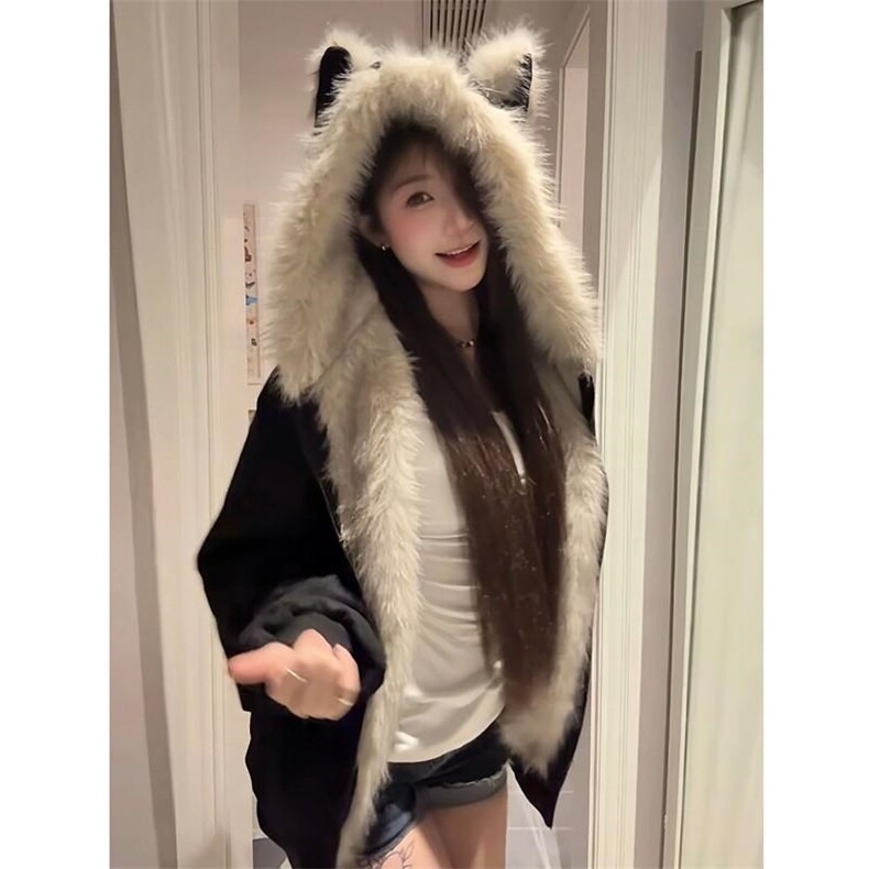 现货重磅硬挺boxy羽绒棉衣座山雕猫耳大毛毛领麂皮棉服冬外套,男装棉衣,电商A443