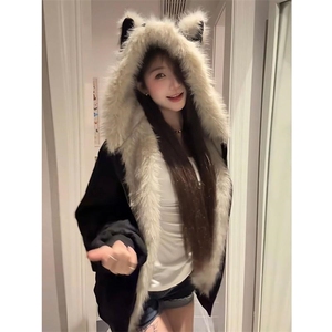 现货重磅硬挺boxy羽绒棉衣座山雕猫耳大毛毛领麂皮棉服冬外套图片