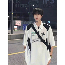 半拉链t恤男polo衫美式复古高街短袖潮牌潮流夏季体恤PL133-P32，男装Polo衫，星座1008-2