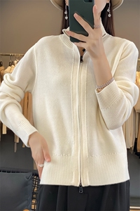 双拉链针织开衫女加厚桂花针长袖秋冬修身显瘦小立领毛衣外套上衣图片