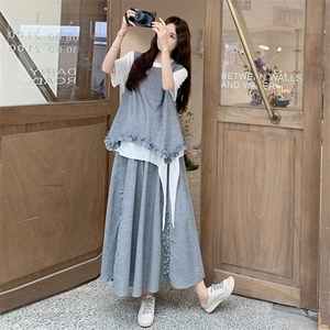 韩版木耳边无袖背心短袖半身裙套装女2025夏季新款减龄显瘦三件套图片