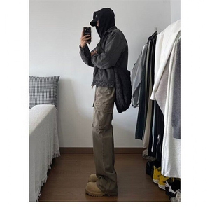 棕色工装牛仔裤男春秋季美式复古潮牌宽松直筒裤青少年美拉德裤子图片