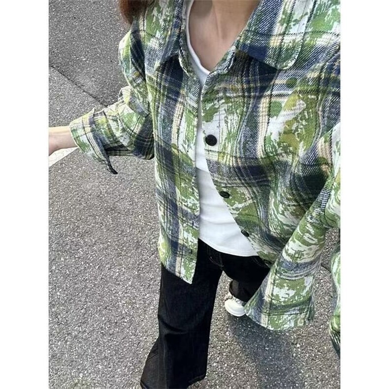 cleanfit扎染格子衬衫男女同款长袖衬衣夏季2025新款美式街头外套,男装衬衫,星座506A