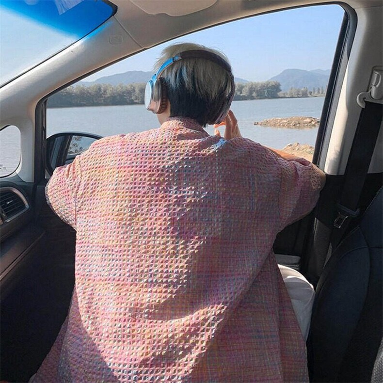 美式格纹泡泡纱短袖衬衫男夏季潮牌设计感宽松情侣款防晒衬衣外套,男装T恤,星座218-1（原230）