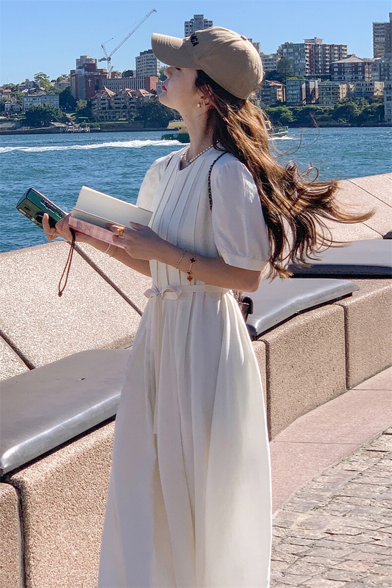 韩版简约气质长裙女夏季新款法式温柔风系带收腰连衣裙,女装连衣裙,辉之琳