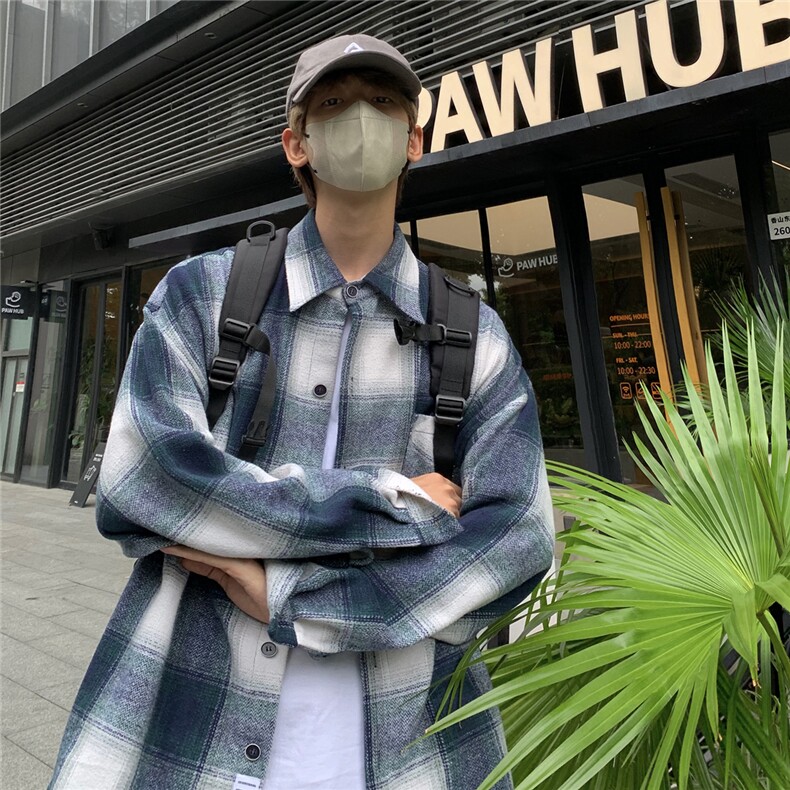 抖音秋格子衬衫男生外套长袖衬衣宽松港风DX505P5578,男装衬衫,电商B413-1