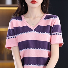 时尚V领短袖条纹针织衫百搭显瘦休闲上衣，女装针织衫/毛衣，秋双羊绒
