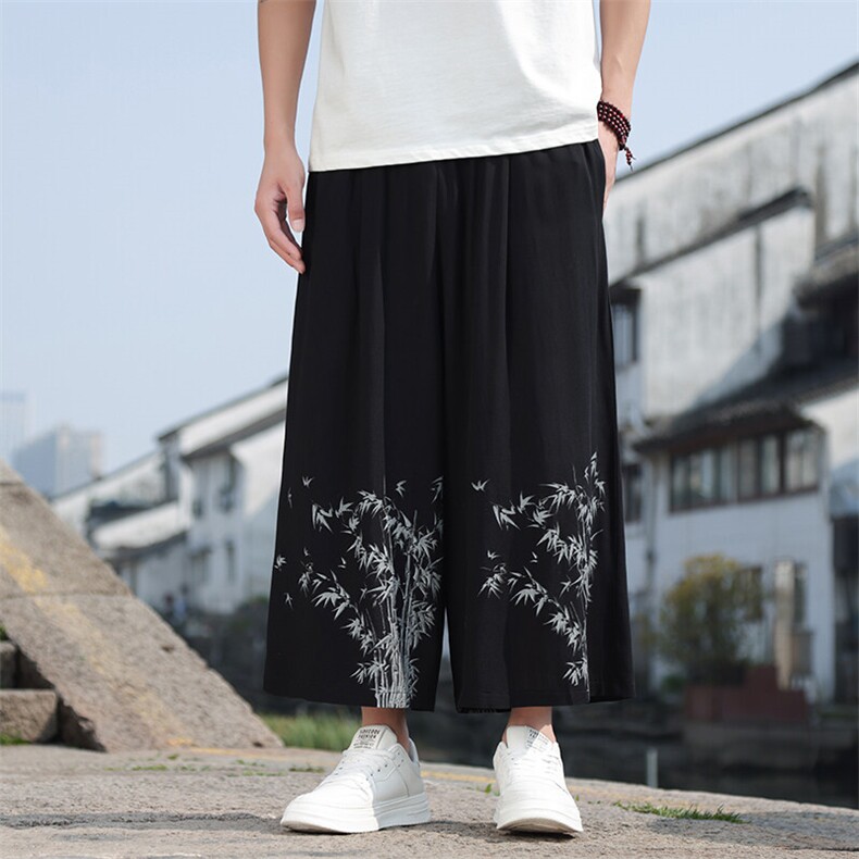 现货风大码棉麻休闲裤竹叶印花垂感透气八分裤A021-K211-P60,男装休闲裤,电商A021