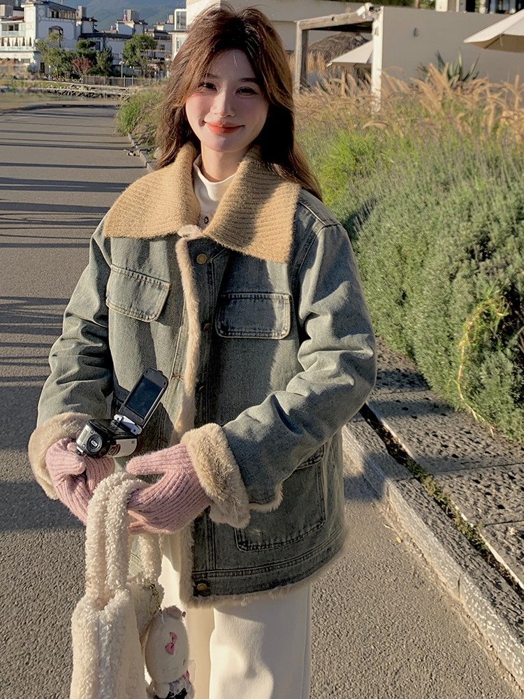 (现货新款）2025冬装时尚休闲翻领加绒牛仔外套女（领子可脱卸）,女装牛仔外套,印象茜