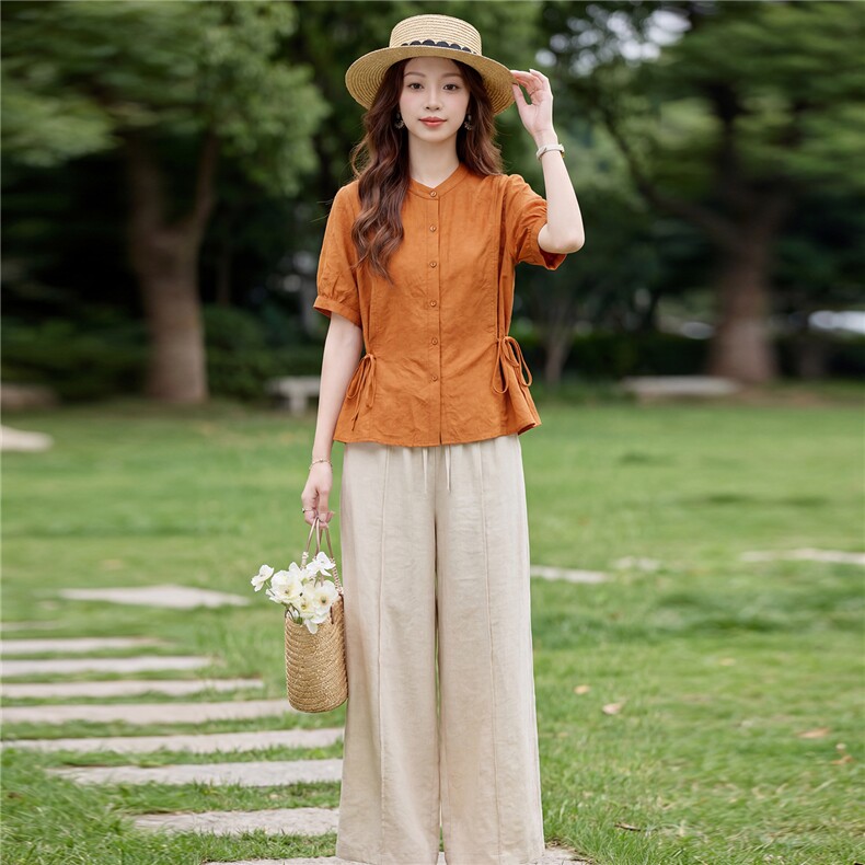 棉麻休闲风短袖上衣阔腿裤两件套2026新款夏收腰减龄逛街舒适套装，女装套装/套裙，姿萝菲