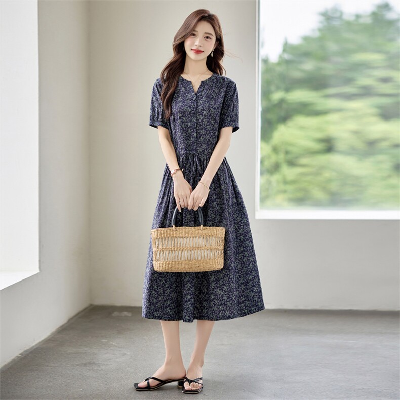 时尚碎花棉麻短袖连衣裙女2026夏季新款收腰显瘦休闲气质V领裙子,女装连衣裙,倪叶myz