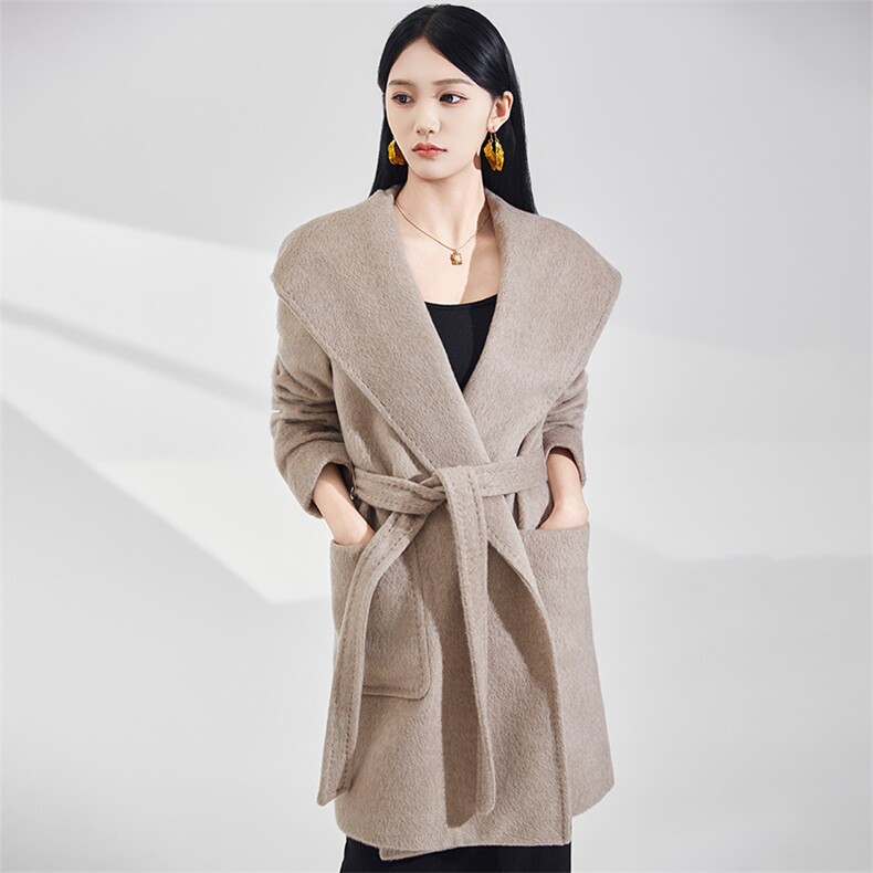 2025年秋季时尚百搭通勤简约休闲连帽大衣，女装双面呢大衣，澳纯羊绒
