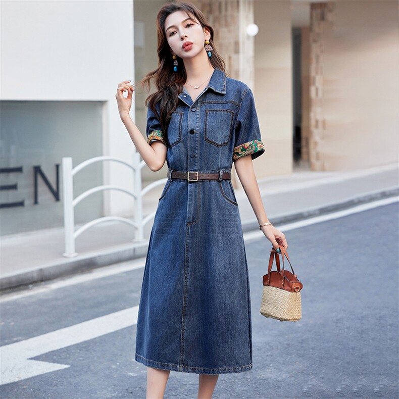 时尚减龄中式牛仔裙衬衫领收腰舒适牛仔长裙连衣裙女夏款,女装连衣裙,丽影随形