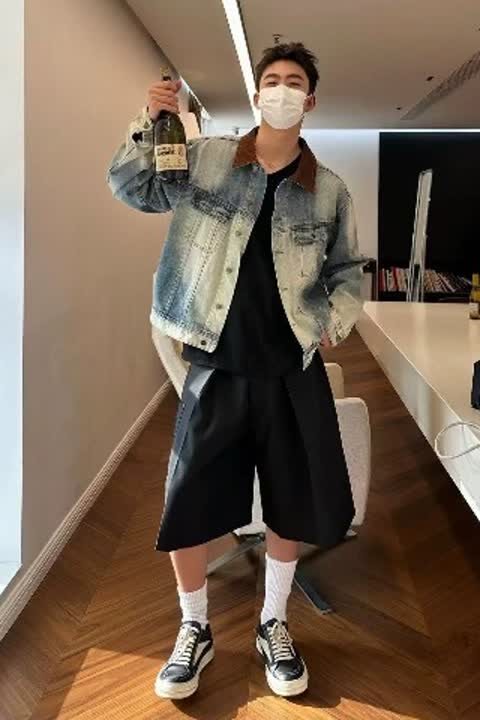 25春装美式复古撞色拼接水洗蓝做旧牛仔夹克宽松休闲外套jkk04p75,男装工装外套,电商D256-2(原A064-2)