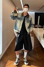25春装美式复古撞色拼接水洗蓝做旧牛仔夹克宽松休闲外套jkk04p75，男装工装外套，电商D256-2(原A064-2)