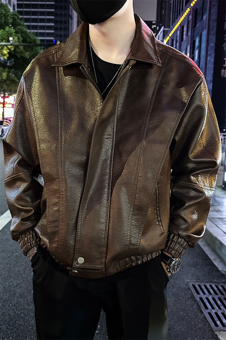 皮衣外套男翻领纯色宽松休闲皮夹克P810-P148,男装夹克,电商A368