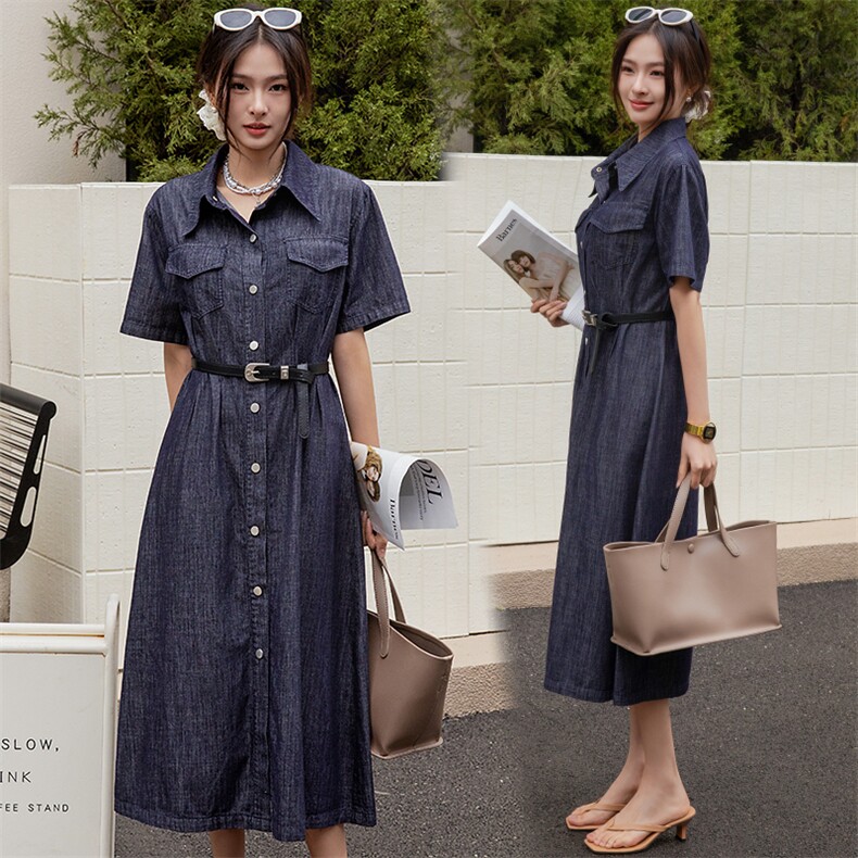 BAO款主推商场同款2025夏季新蓝色宽松显瘦牛仔衬衫显高连衣裙女,女装连衣裙,江南女神