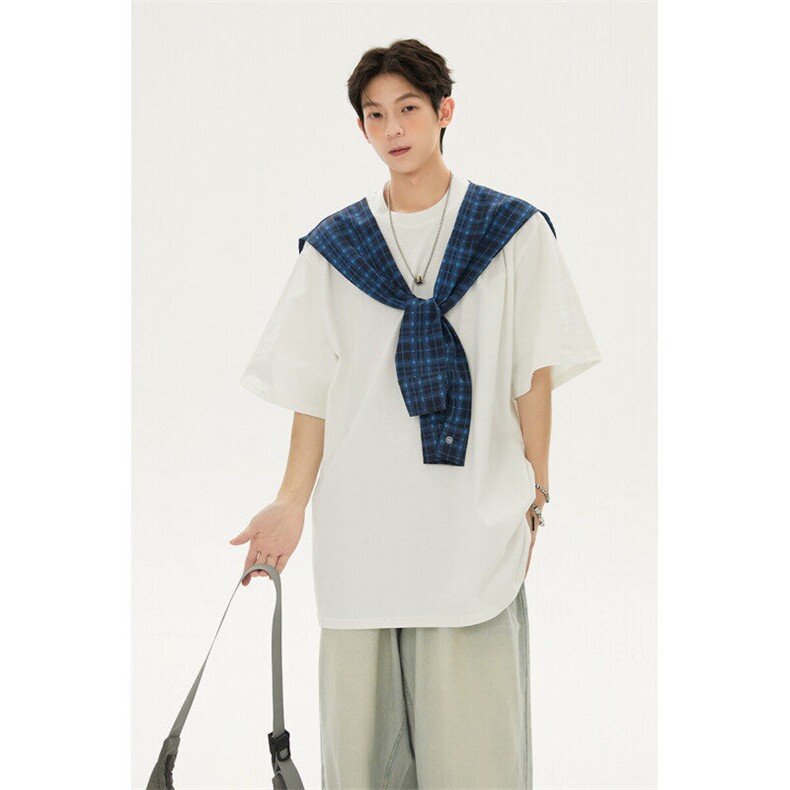 潮情侣美式假两件格子打结宽松纯棉短袖XZ225-3-T15-P45控65，男装T恤，星座225-3