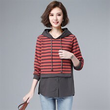 2021春装新款时尚条纹拼接宽松舒适休闲连帽卫衣，女装卫衣/绒衫，深水步