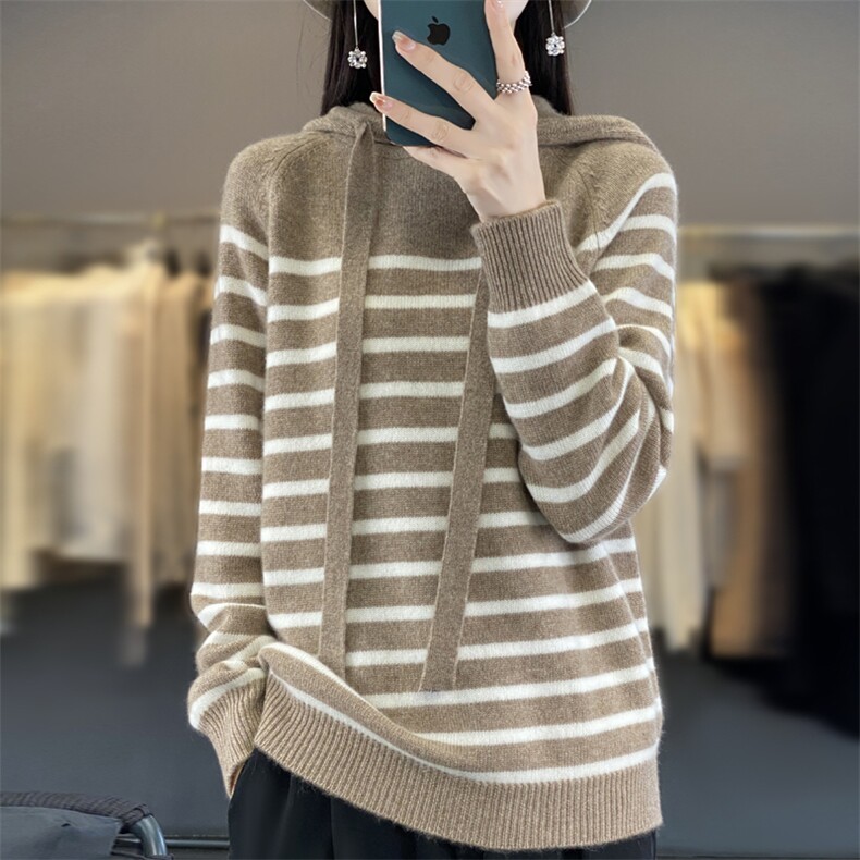 秋冬季新款条纹毛衣女长袖宽松显瘦百搭帽衫上衣,针织衫/毛衣,贵皇网供仓