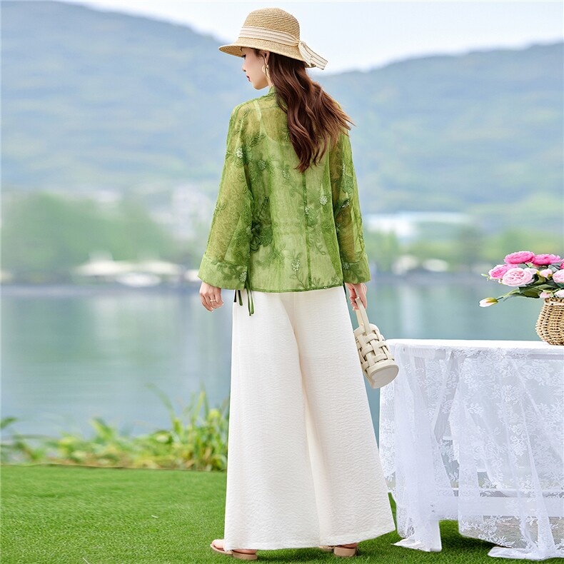 2026年夏季新中式重工刺绣衬衫防晒女宽松立领阔腿裤两件套,女装套装/套裙,米尚