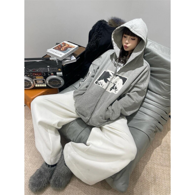 美式复古贴布印花设计连帽卫衣男女宽松开衫帽衫外套，女装短外套，四季星座505